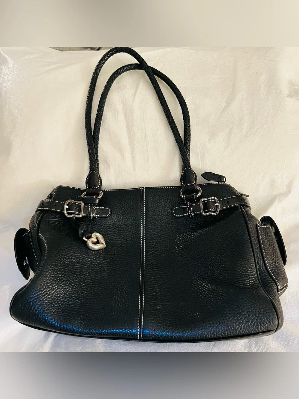 Brighton Black Pebbled Satchel Double Handles Zip Heart Charm Inner Pockets*